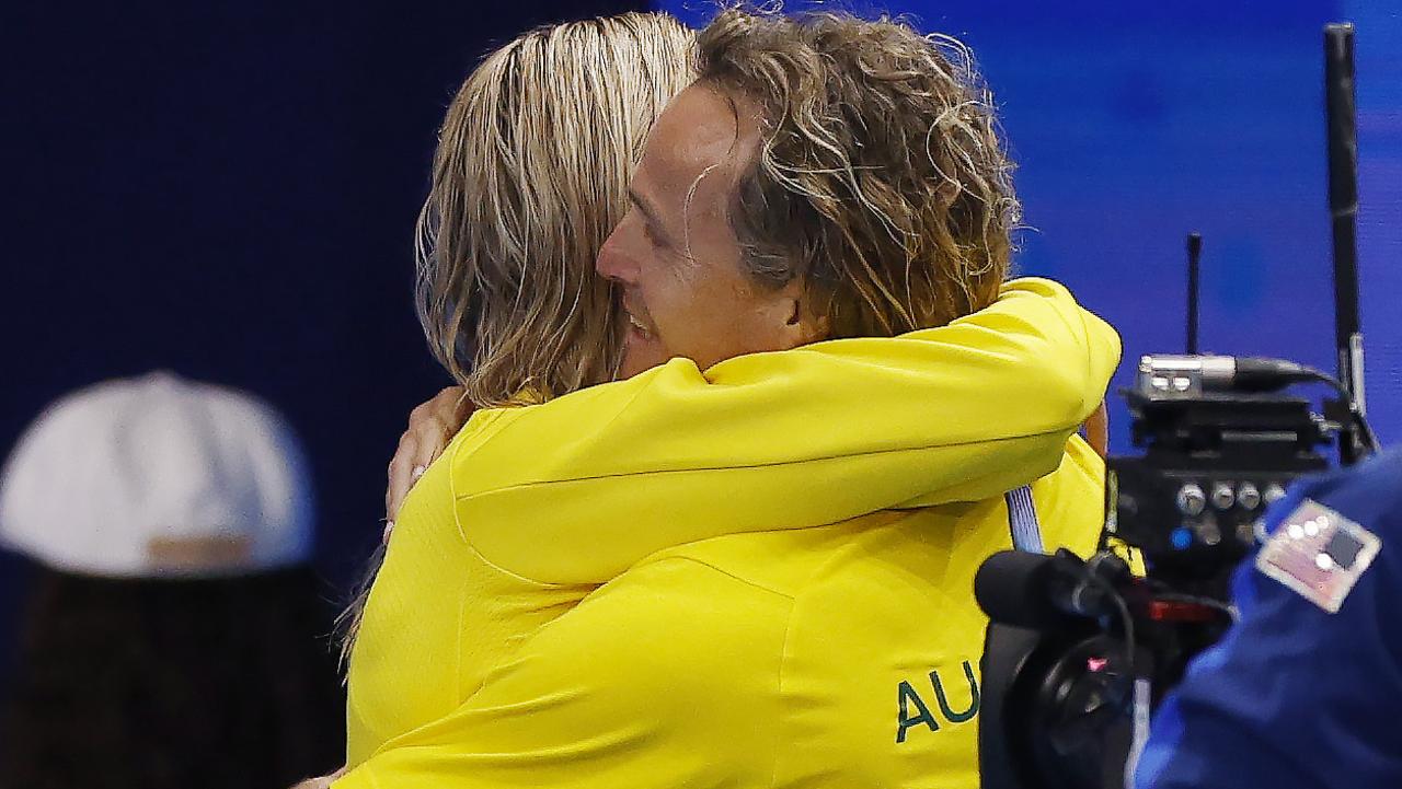 St Peters legends - Ariane Titmus with her coach Dean Boxall after the presentation of the 400m in Paris. Pic: Michael Klein