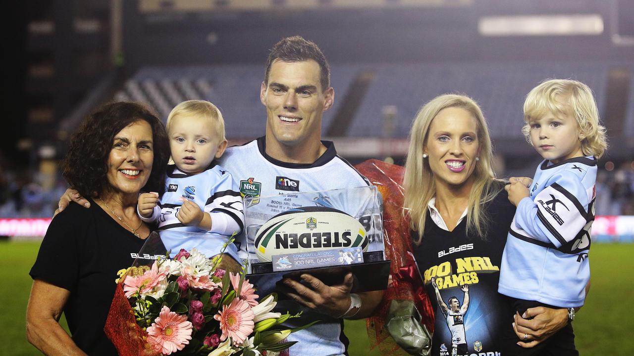 Cronulla's John Morris after his 300th NRL game with mother Sharyn, son Taj, wife Michelle and son Cruz.