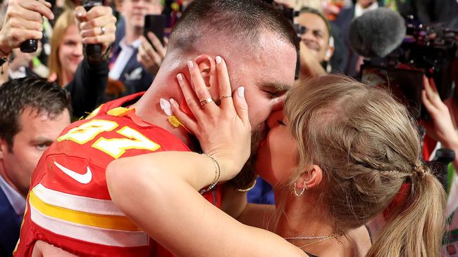 Taylor Swift kisses Travis Kelce after the team won the Super Bowl. Picture: Getty Images