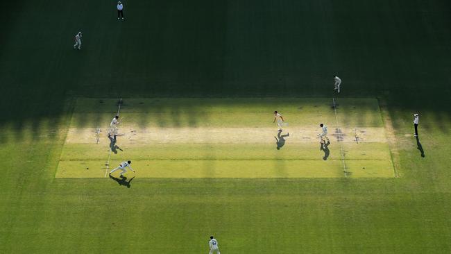 Pat Cummins bowls to Henry Nicholls. Picture: Getty Images