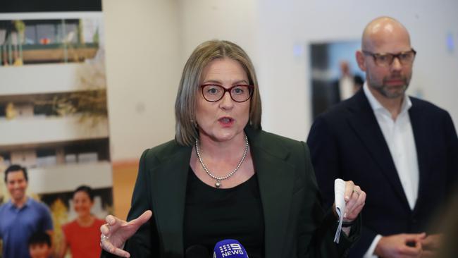 Victorian Premier Jacinta Allan during a press conference outside a housing conference in Melbourne along with Jeroen Weimar, who is heading up the governments housing policy. Picture: David Crosling