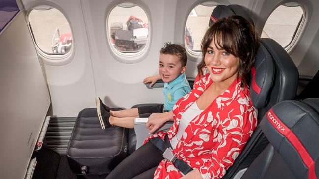 Sophie Cachia and son Bobby, 3, test an inflatable kids’ sleeping aid. Picture: Jake Nowakowski