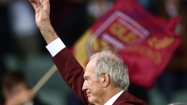 Maroons coach Wayne Bennett waves to the crowd. Picture: Getty Images