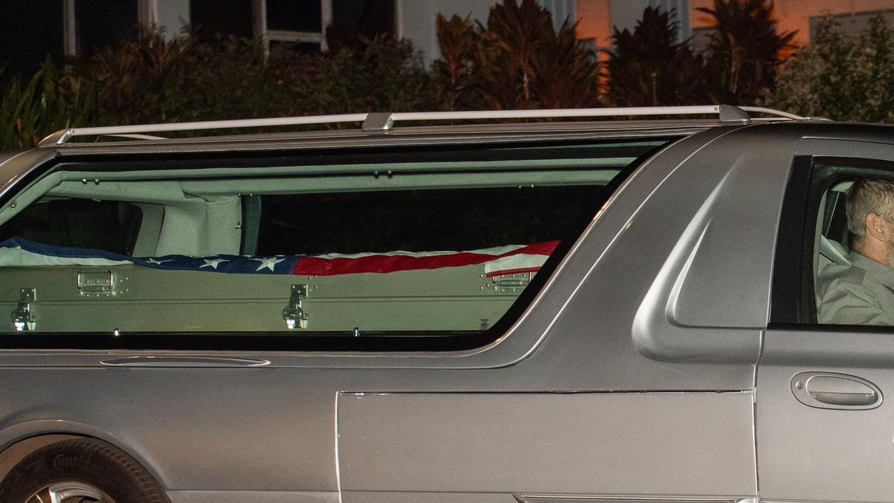 A US flag covers the casket of a fallen US Marine as they are transported from the RAAF Base in Darwin. Picture: Pema Tamang Pakhrin