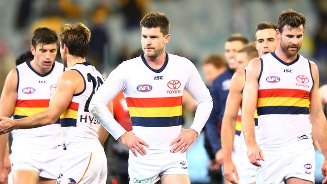 Bryce Gibbs with his Crows teammates after the Hawthorn thumping. Picture: Michael Dodge/Getty Images