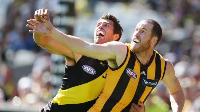 Richmond's Alex Rance and Hawthorn's Jarryd Roughead battle. Picture: Michael Klein