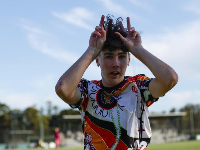 Ashtyn Ferguson celebrates a goal. Picture: Michael Gorton. U16 Boys NAIDOC Cup at Lake Macquarie Regional Football Facility.