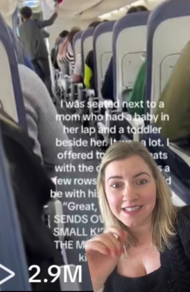 A woman (pictured) offered her seat to a man so he could sit with his wife and kids – but to her shock he rejected her offer. Instead he sent their other child, sitting next to him, to the mother. Picture” TikTok/one_toughmother