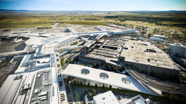 An artist's impression of Melbourne Airport with an underground rail station (bottom middle) as well as a new road link to its car parks. Source: Melbourne Airport