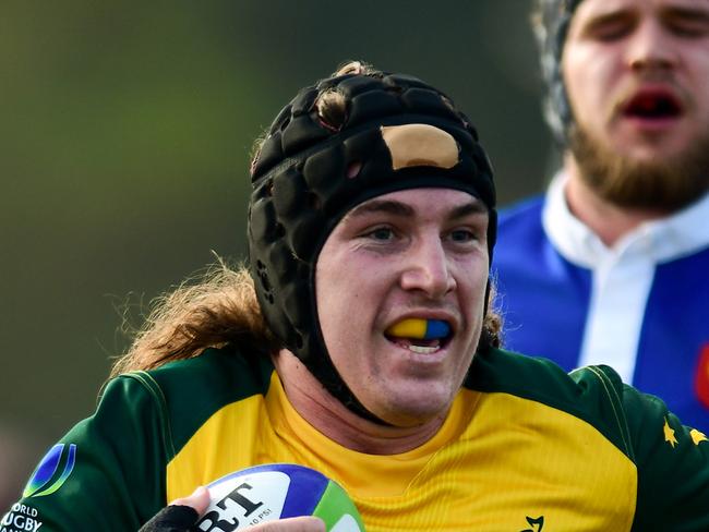 ROSARIO, ARGENTINA - JUNE 22:  Lachlan Lonergan of Australia U20 scores a try during the final match of World Rugby U20 Championship 2019 between Australia U20 and France U20 at Racecourse Stadium on June 22, 2019 in Rosario, Argentina. (Photo by Amilcar Orfali/Getty Images)