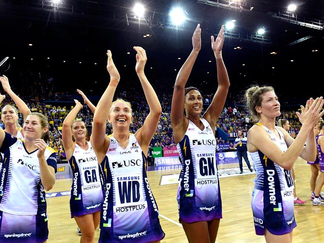 Sunshine Coast Lightning players thank their fans. Picture: Getty Images