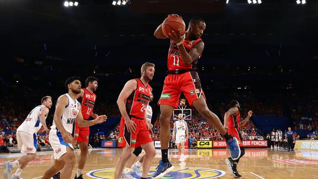 PERTH, AUSTRALIA - DECEMBER 12: Bryce Cotton of the Wildcats rebounds during the round 10 NBL match between Perth Wildcats and Melbourne United at RAC Arena, on December 12, 2022, in Perth, Australia. (Photo by Paul Kane/Getty Images)