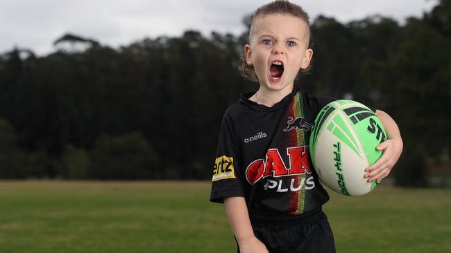 ****WARNING DO NOT USE-SPEAK TO DT PIC DESK***** Football fans in Penrith are thrilled the Panthers have made it to next week's Grand Final. Pictured is 3-year-old Logan Klauze should is super excited for his team to win. Picture: David Swift