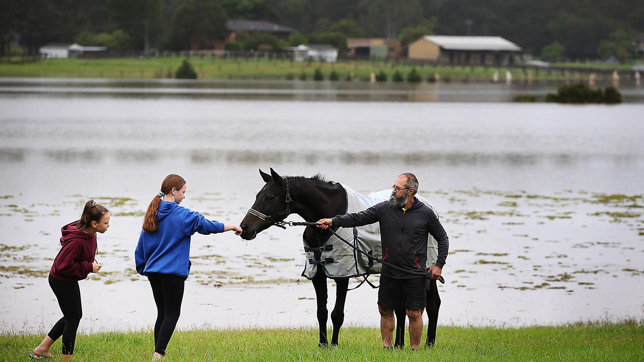 Flooding at McGraths Hill on the Hawkesbury River forces local resident Frank Azzopardi and neighbours Zoe (10) and Maddy (12) to bring up Oscar the pony to higher ground. Picture: Jane Dempster