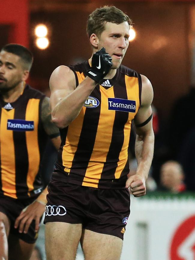 Jonathan O’Rourke celebrates his goal after the three-quarter time siren courtesy of a 50m penalty. Picture: Mark Evans