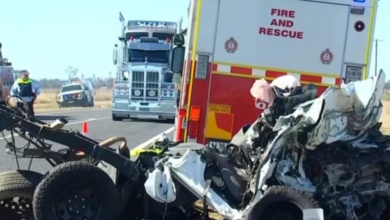 A 32-year-old Glenvale man died when he collided head on with a truck on the Gore Highway at Millmerran. Photo: 7 News Toowoomba.