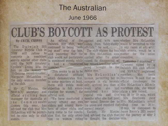 An article from The Australian in June 1966, after Margaret McLachlan was banned from racing. Picture: Peter Stoop/The Australian