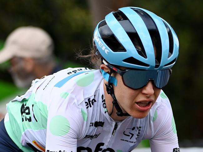 CAMPBELLTOWN, AUSTRALIA - JANUARY 17: Amanda Spratt of Australia and Trek - Segafredo - Queen of the Mountain Jersey  crosses the finish line on second place during the 7th Santos Women's Tour Down Under 2023 - Stage 3 a 93,2km stage from Torrens Foot Bridge, Adelaide to Montacute Road, Campbelltown / #TourDownUnder / #UCIWWT / on January 17, 2023 in Campbelltown, Australia. (Photo by Tim de Waele/Getty Images)