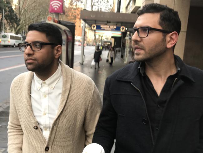 Richard (left) and Charlie (right) Sharobeem as they leave the NSW Independent Commission Against Corruption (ICAC) in Sydney. Picture Emma Partridge.