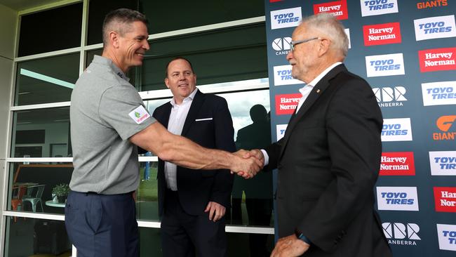 Giants chairman Tony Shepherd (right) officially welcomes new coach Adam Kingsley to the club. Picture: Phil Hillyard