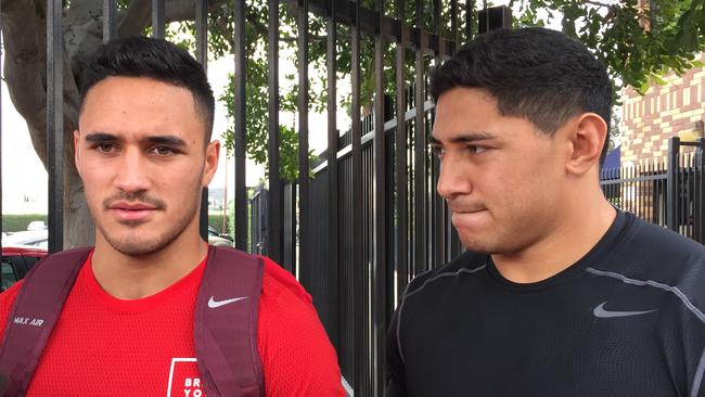 NRL players Valentine Holmes and Jason Taumalolo speak to reporters in Los Angeles after working out for 14 NFL teams.