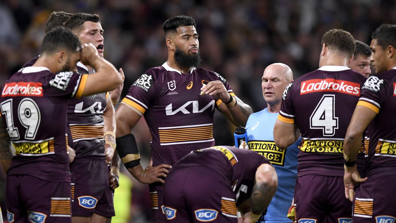 Payne Haas and the Broncos dejected. Picture NRL Photos