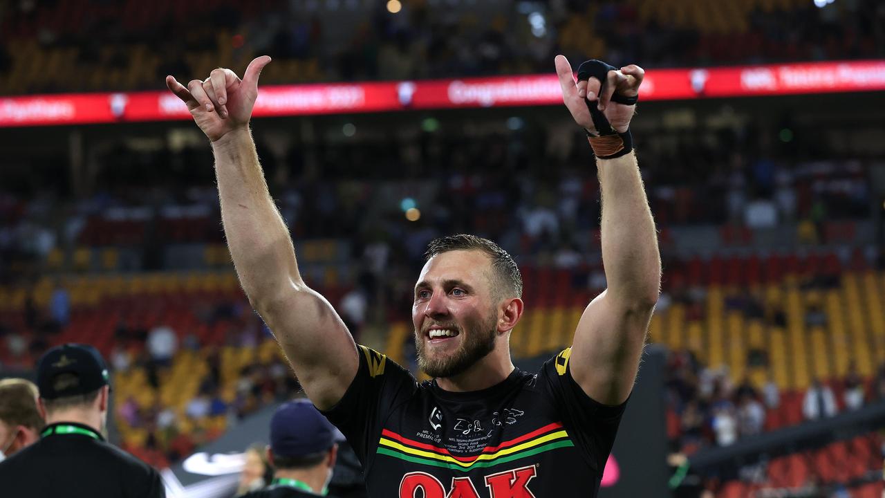 Kurt Capewell celebrates with the Panthers after winning the 2021 NRL Grand Final between the Penrith Panthers and Souths Sydney Rabbitohs at Suncorp Stadium in Brisbane. Pics Adam Head