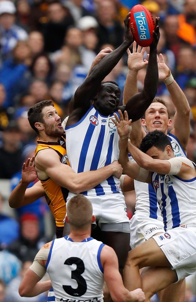 Majak Daw flies for a mark against the Hawks. Picture: Getty Images