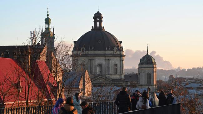 Smoke rises on the horizon after Russian strikes in the western Ukrainian city of Lviv. Picture: AFP