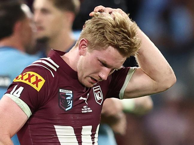 BRISBANE, AUSTRALIA - MAY 28: Tom Dearden of the Maroons looks dejected after game one of the Men's State of Origin series between Queensland Maroons and New South Wales Blues at Suncorp Stadium on May 28, 2025 in Brisbane, Australia. (Photo by Chris Hyde/Getty Images)