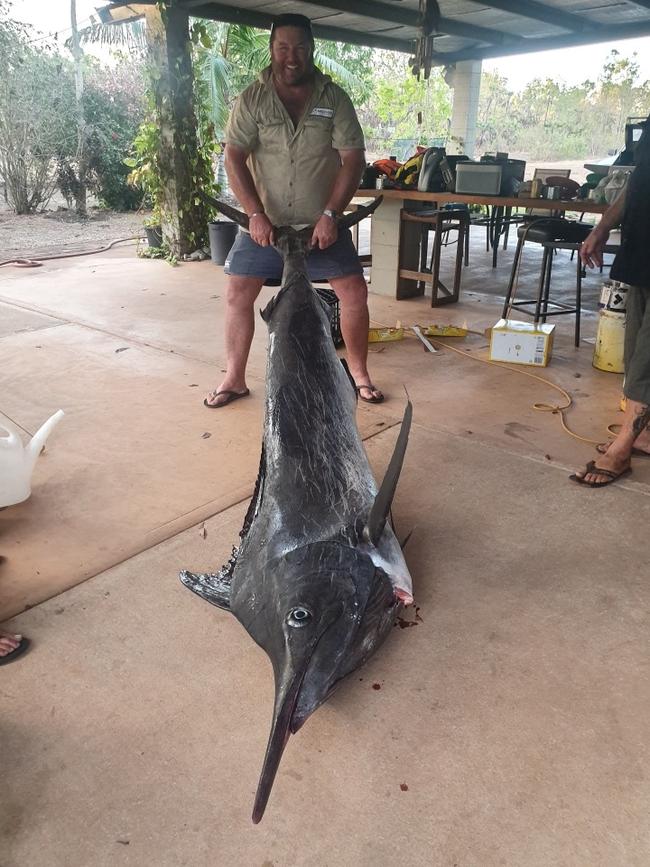 Vaughan Cullen and his mates reeled in this black marlin off Dundee Beach. Picture: Supplied