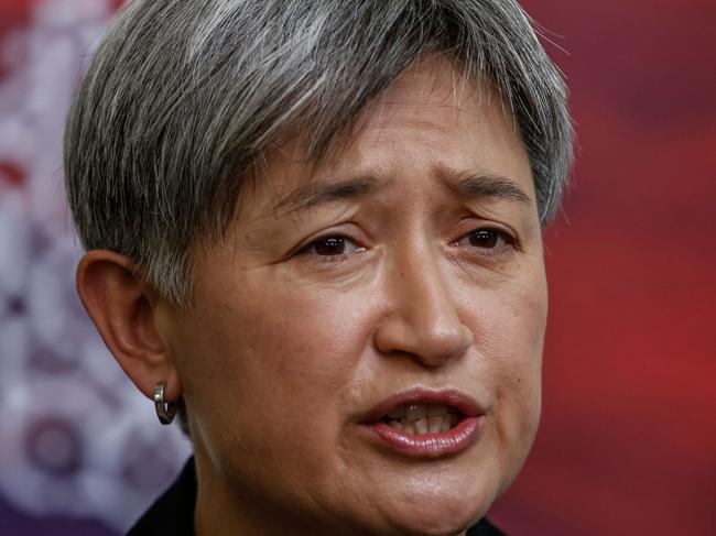 Australian Foreign Minister Penny Wong gives a statement to the media as she arrives to attend the G20 Foreign Minister Meeting at Ngurah Rai International Airport in Bali on July 7, 2022. (Photo by Johannes P. Christo / POOL / AFP)