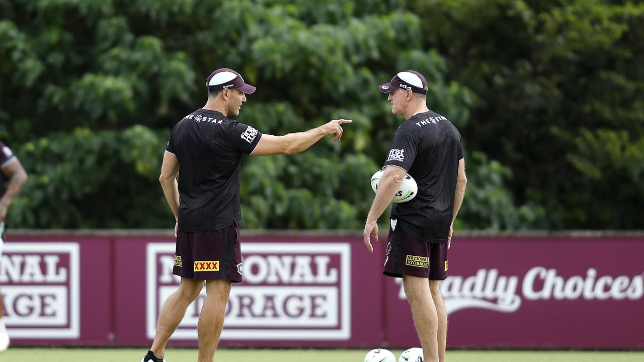 Broncos coach Michael Maguire and assistant coach Trent Barrett pictured at the Broncos training session at Red Hill, Brisbane 12th March 2025. (Photos/Josh Woning)