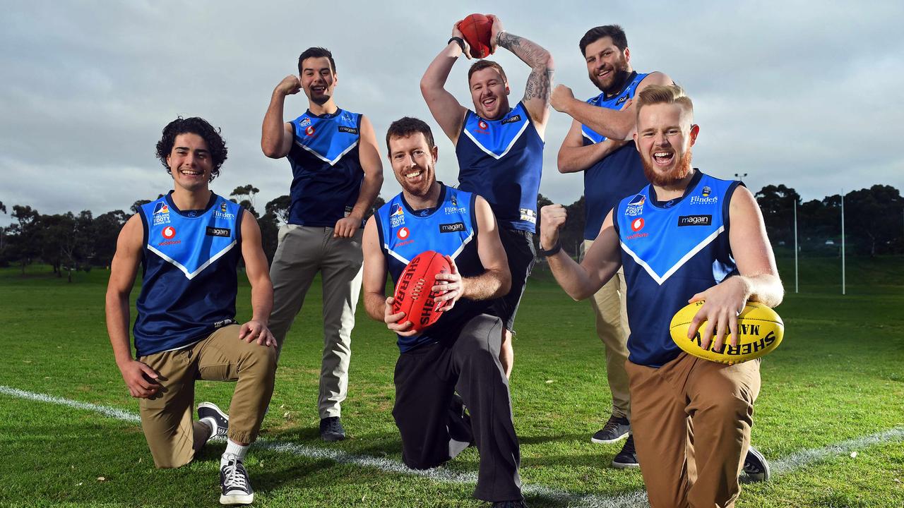 30/06/19 - Footy club Flinders University Crabs ended their two-year winless streak yesterday.  Players Riley Perry, Rhett Perry, Dean Schofield, Brayden Lane, David Moyle (captain) and Jordan Marsden.Picture: Tom Huntley