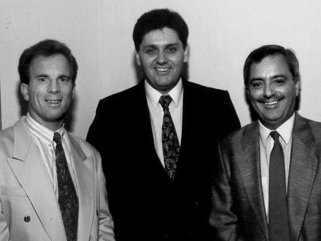 Radio 2UE rugby league commentary team Johnny Gibbs, Ray Hadley and Peter Frilingos.