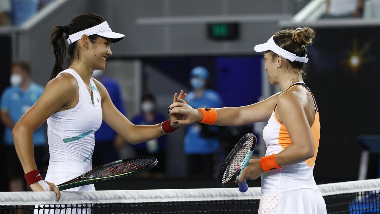 Raducanu congratulates Kovinic after winning. Picture: Darrian Traynor/Getty Images