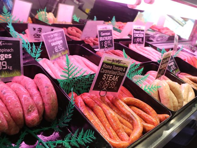 Sausages at Tender Gourmet Butcher in Hornsby today, Wednesday 18, 10, 2017. The Tender Gourmet Burcher at Hornsby won Best Lamb, Fetta and Spinach sausage in NSW at the Australian Meat Industry Council's State Sausage King Competition. AAP Image/ David Swift.