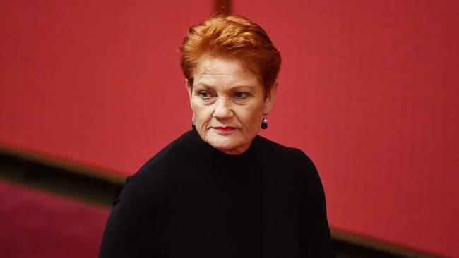 One Nation leader Senator Pauline Hanson in the Senate chamber at Parliament House in Canberra, Tuesday, March 27, 2018. Minister for Finance Senator Mathias Cormann announced the government cannot pass the company tax cut bill. (AAP Image/Mick Tsikas) NO ARCHIVING