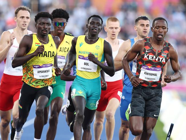 BIRMINGHAM 2022 COMMONWEALTH GAMES. 07/08/2022   .  Track and Field at Alexander Stadium.  Mens 800 mtr final . Australian Peter Bol and winner Wyclife Kimyanal at the bell. Picture: Michael Klein