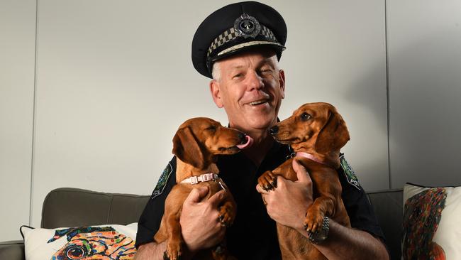 Police Commissioner Grant Stevens with his dogs Gracie and Zoe. Picture: Tricia Watkinson