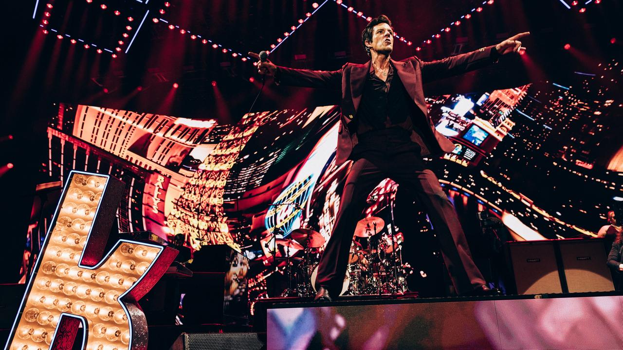 Brandon Flowers of The Killers performing at the Rebel Diamonds concert at Queensland Country Bank Stadium in Townsville on Saturday night in the first of six Australian concerts. Picture: Chris Phelps