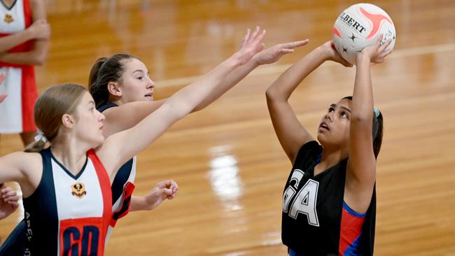 Action from the Playford v Adelaide North East clash at the School Sport SA Sapsasa State Netball Carnival. Picture: Naomi Jellicoe