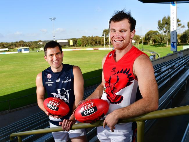 Noarlunga’s Tom Caudle and Flagstaff Hill’s Michael Shearer pose ahead of last season’s grand final at Noarlunga Oval. Picture: AAP/Keryn Stevens.