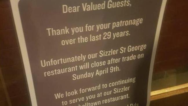 A sign at the Sizzler Kogarah, about its impending closure.