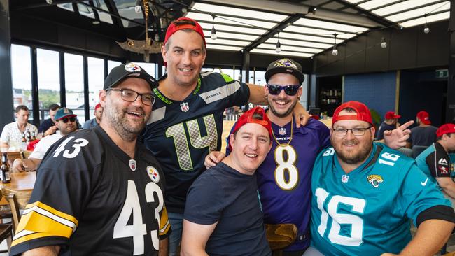 Watching the NFL Super Bowl at George Banks are (from left) Ben Laughren, Damien Price, Scott Burgess and Aaron Burgess, Monday, February 14, 2022. Picture: Kevin Farmer