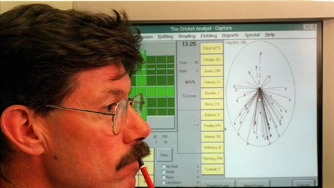 John Buchanan studies a batting wagon wheel and plots a plan using "The Cricket Analyst", software program on computer. Cricket P/R