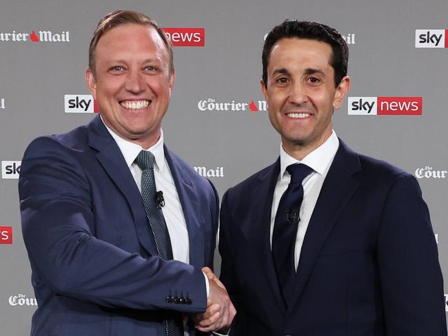 BRISBANE, AUSTRALIA - NewsWire Photos OCTOBER 22, 2024: Queensland Premier Steven Miles and Opposition Leader David Crisafulli go head to head in the final election debate in front of 100 undecided voters at Suncorp Stadium. Picture: NewsWire / POOL/ Adam Head