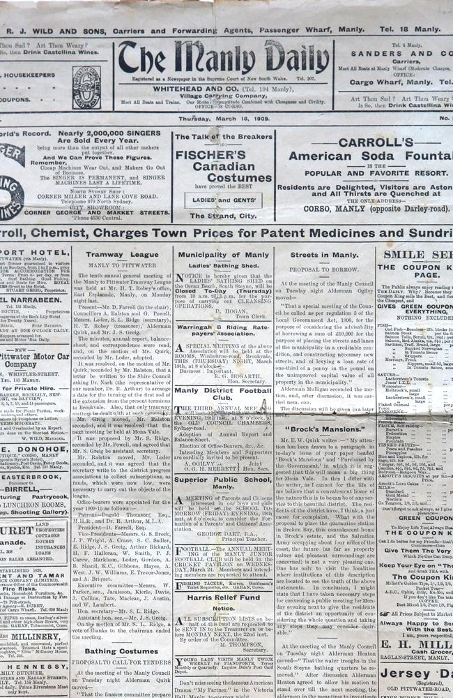 march 1909 front pages of about 110 old Manly Dailys for our 110th anniversary edition. The papers are in the Manly Daily office