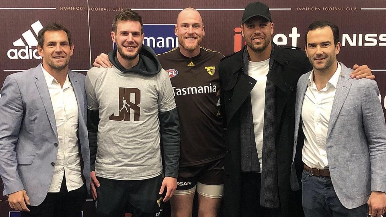 Hawthorn stars, past and present, in attendance for Jarryd Roughead's final game - including Brisbane's Luke Hodge, injured Hawk Grant Birchall, Roughead, Sydney's Lance Franklin and Melbourne's Jordan Lewis.