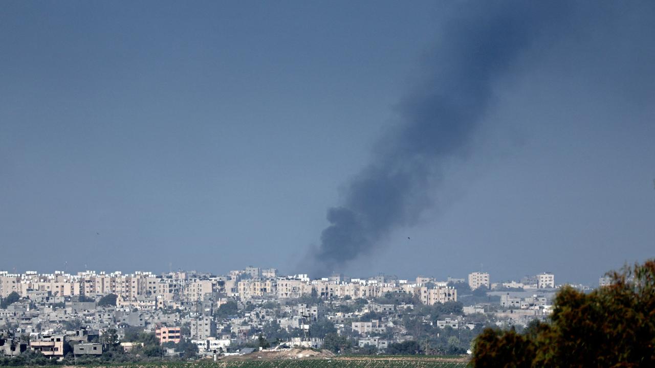 The Israeli city of Sderot shows black smoke rising from the Gaza Strip. Picture: AFP